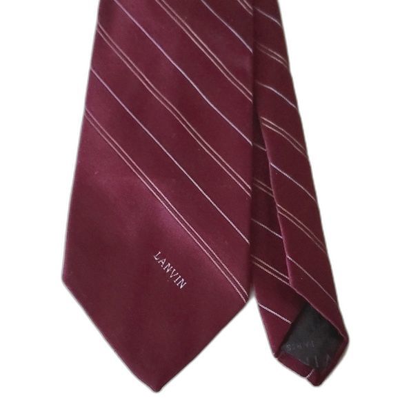 EUC Lanvin Paris Mens Neck Tie Lined Diagonal Stripes Logo Dark Red Maroon Suit